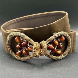 VTG 70s Marianna Brown Suede Belt with Gold Buckle and Brown Lucite Accents 36”